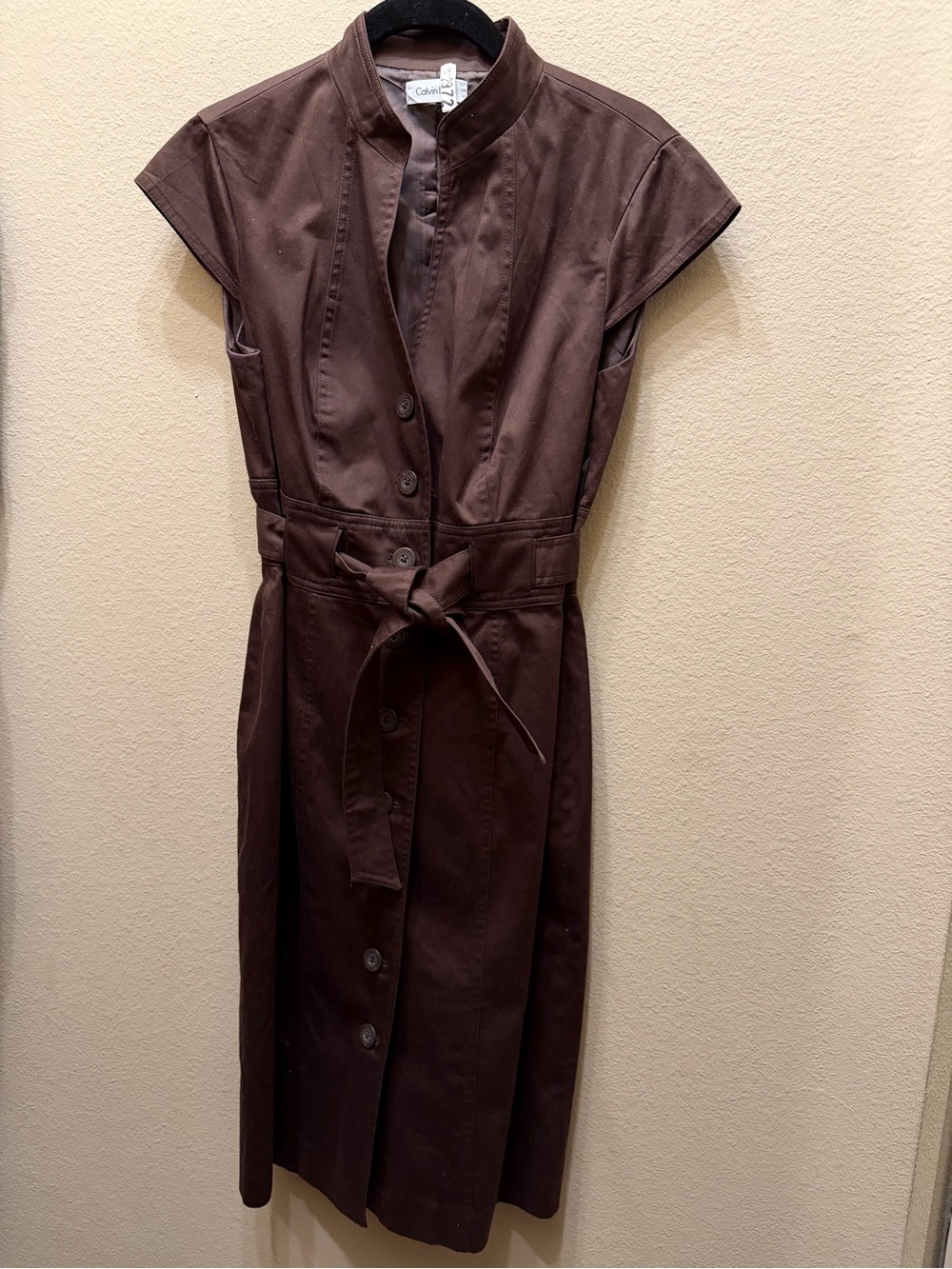 Calvin Klein Chocolate Brown Button-Front Midi Dress with Waist Tie Sz 6